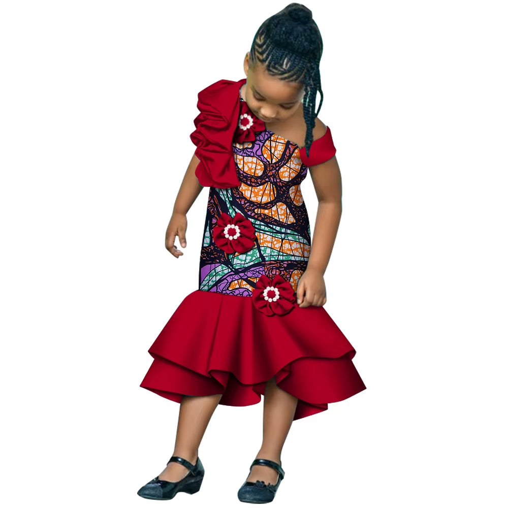 Girls African Dress Children Bazin Riche Dashiki Mermaid Dress Fashion Cute Party Dresses Girls African Print Clothing WYT598