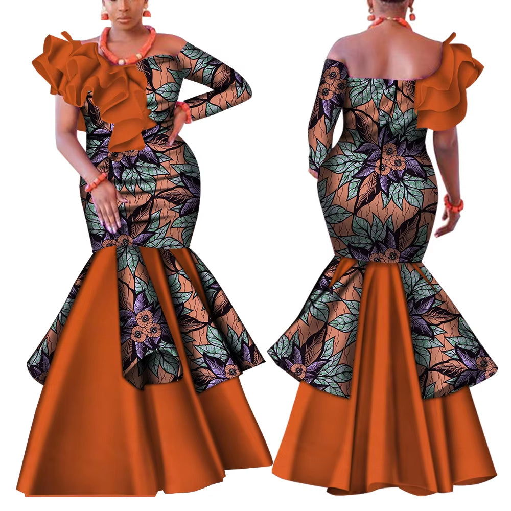 Dashiki African Dress for Women Bazin Riche One-Shoulder Sexy Slash Neck Wedding Party Dress Traditional African Clothing WY4224
