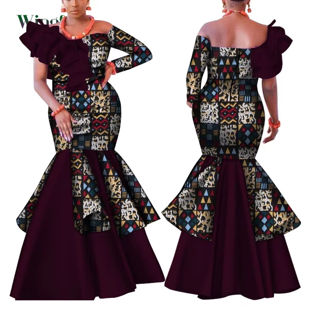 Dashiki African Dress for Women Bazin Riche One-Shoulder Sexy Slash Neck Wedding Party Dress Traditional African Clothing WY4224