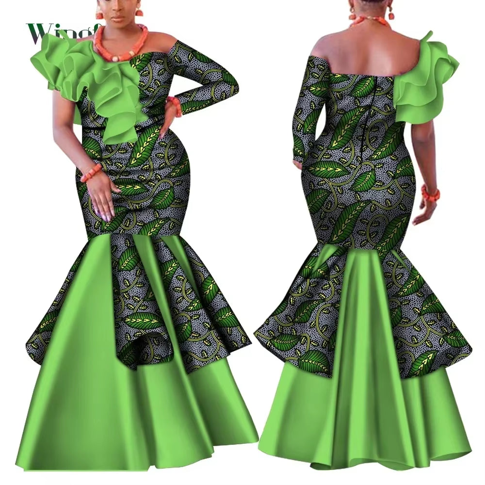 Dashiki African Dress for Women Bazin Riche One-Shoulder Sexy Slash Neck Wedding Party Dress Traditional African Clothing WY4224