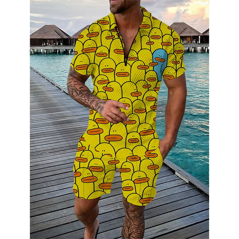 3D Cartoon Duck Pattern Print Men'S Sets Fashion Zip Polo Short Sleeve Top +Shorts Outfit Summer Street Trend Oversized Tee Suit