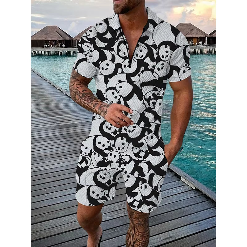 3D Cartoon Duck Pattern Print Men'S Sets Fashion Zip Polo Short Sleeve Top +Shorts Outfit Summer Street Trend Oversized Tee Suit