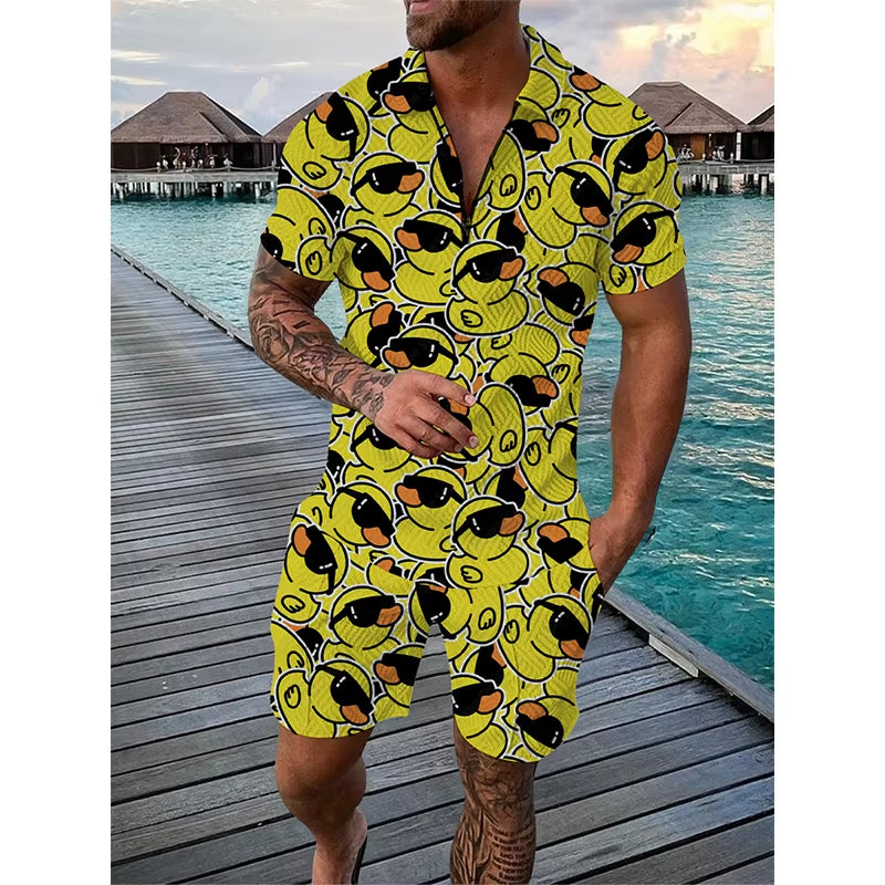 3D Cartoon Duck Pattern Print Men'S Sets Fashion Zip Polo Short Sleeve Top +Shorts Outfit Summer Street Trend Oversized Tee Suit