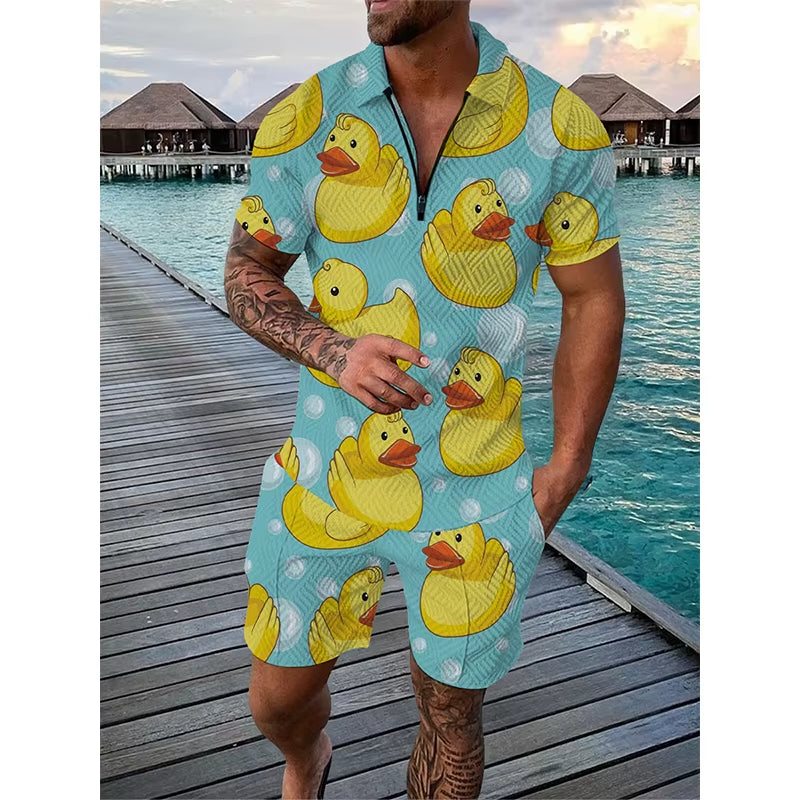 3D Cartoon Duck Pattern Print Men'S Sets Fashion Zip Polo Short Sleeve Top +Shorts Outfit Summer Street Trend Oversized Tee Suit
