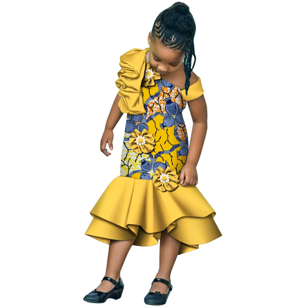Girls African Dress Children Bazin Riche Dashiki Mermaid Dress Fashion Cute Party Dresses Girls African Print Clothing WYT598